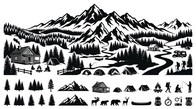Black and white mountain landscape illustration with camping elements and forest icons for outdoor adventure design projects