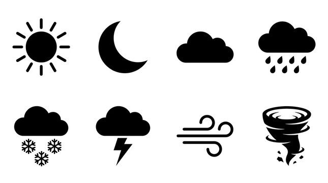 Set of black hand drawn weather icons featuring sun moon clouds rain snow lightning wind and tornado