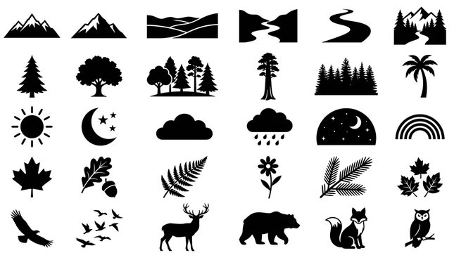 Set of black silhouette nature icons featuring mountains trees weather elements wildlife and forest plants