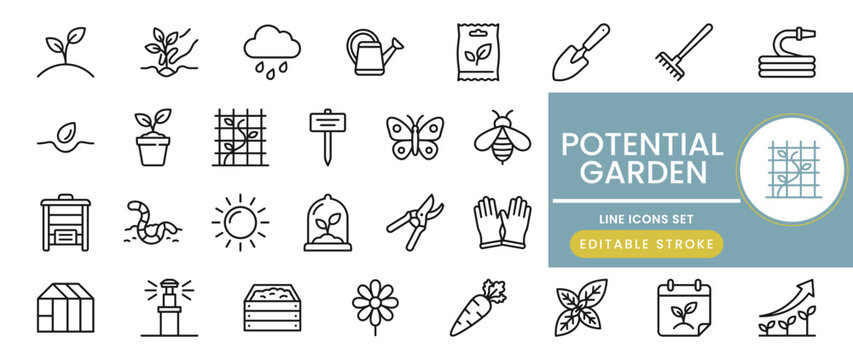 Potential garden icon set. containing watering can, shovel, rake, hose, and greenhouse and more. line collection icon set with editable stroke