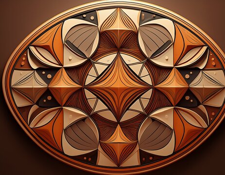 an oval shaped shield with a geometric pattern of circles and triangles in brown and orange hues