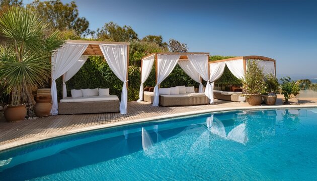 imagine here stands a luxurious poolside lounge with woven rattan sunbeds sheer white cabana curtains and tropical potted plants surrounding a crystal clear pool