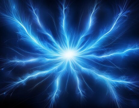 abstract blue lightning burst with radial electric energy discharge on white transparent or dark backgrounds