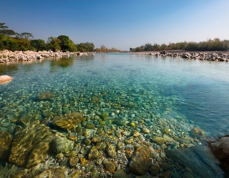a tranquil shot of the narmada river s crystal clear waters with pebbles visible beneath the surface