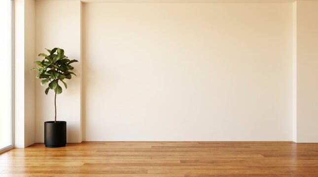 Minimalist empty wall with copy space and potted fiddle leaf fig tree on hardwood floor