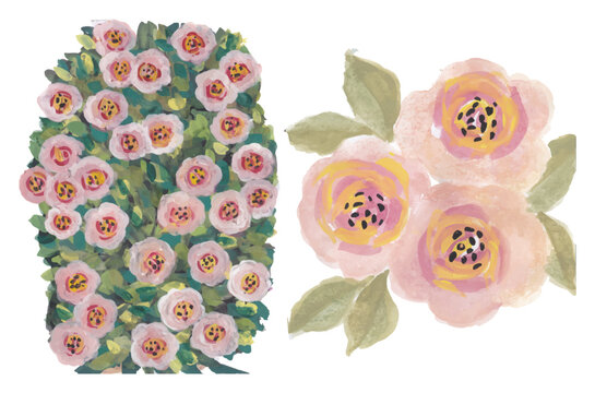 Pink Floral Elements Set Hand Drawn Watercolor Art