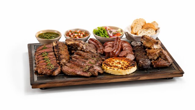 Traditional Argentine Asado grilled meat platter with ribs, chorizo, and chimichurri isolated on white background
