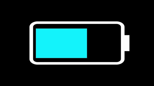 Battery Charging Animation Motion Graphic with Glowing Cyan grey Bar Indicator Isolated on Pure Black Background. Modern Minimalist Digital Energy Level Indicator, Battery Status Charging Progress,