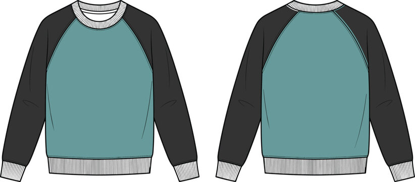 Fashion flat sketch of a teal and black long sleeve varsity style jacket