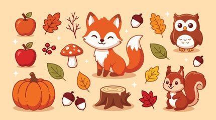 Obraz premium Cute Autumn Forest Animals and Nature Elements Collection with Fox Owl and Squirrel.