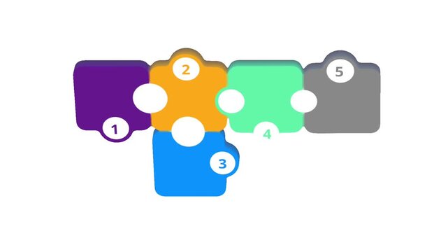 3D numbered puzzle pieces connecting together, five colorful jigsaw parts marked 1 to 5, teamwork and integration concept, step by step assembly, business solution and unity, purple yellow green blue.