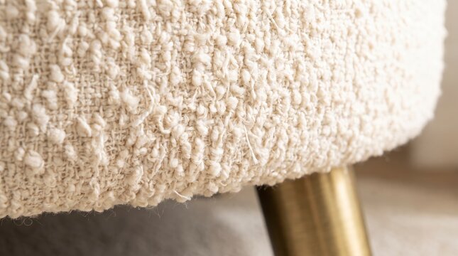 Close up macro texture of cream boucl&eacute; fabric ottoman with rounded brass leg detail