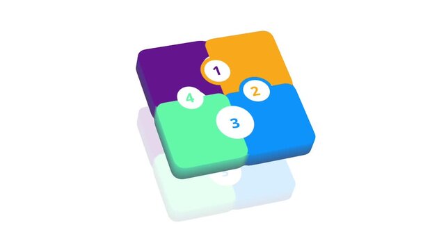3D four-piece numbered puzzle arranged in square formation, jigsaw parts labeled 1 2 3 4, interlocking colorful blocks &mdash; purple, orange, blue, green, teamwork and unity concept, step-by-step assembly.
