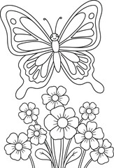 Fototapeta premium A black and white coloring page featuring a beautiful butterfly flying above a cluster of small flowers