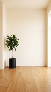 Empty cream wall with copy space corner and potted fiddle leaf fig tree by doorway