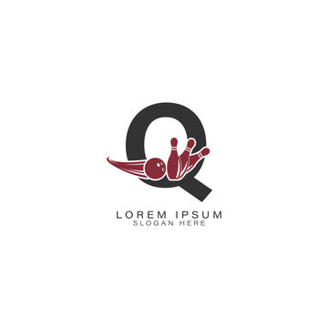 Letter Q Logo with a Bowling Ball and Pins. Alphabet Q Icon Design for Bowling Clubs