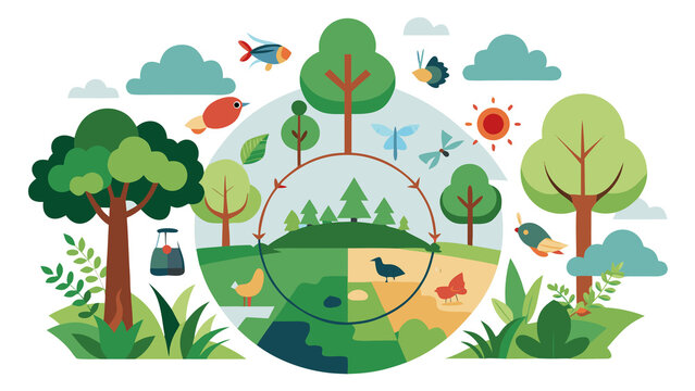Vector Landscape with Trees, Flowers and Birds in a Green Meadow with Blue Sky, Clouds, Sunshine and Colorful Nature Elements Cartoon Illustration