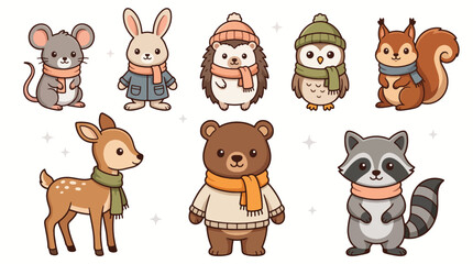 Fototapeta premium Cute Woodland Animals in Winter Clothes Collection Featuring Bear Deer Raccoon and Others.