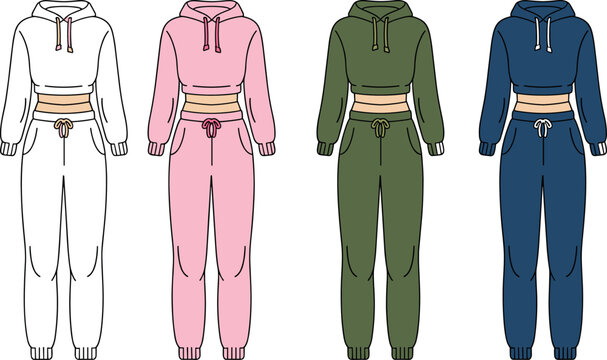 Vector fashion flat technical drawing of women crop hoodie and jogger sweatpants tracksuit set for apparel design