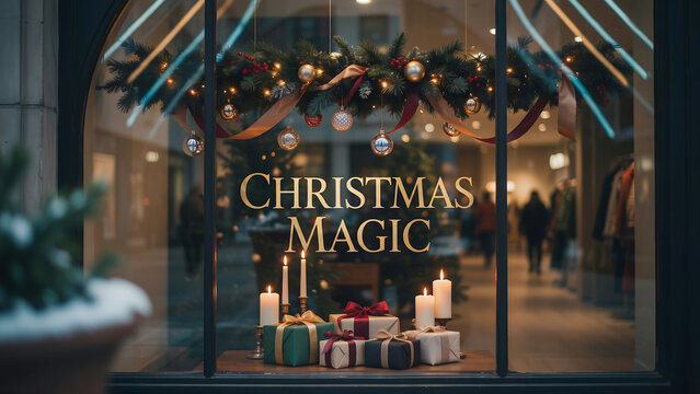 Christmas magic festive storefront window display with gifts and pine wreath christmas storefront shopping presents december