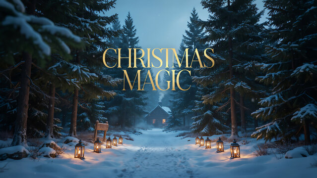 Christmas magic snowy forest path with pine trees and lanterns at dusk christmas lanterns landscape evergreen twilight