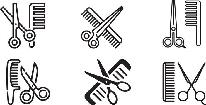 Minimalist barber shop icons, black line art scissors and comb set, professional hair salon equipment vectors for branding