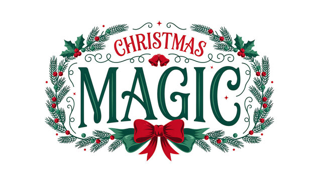 Christmas magic holiday typography banner framed by holly leaves and red bow with christmas typography seasonal celebration