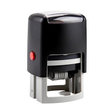A close-up of a stamper with a red button, suitable for use in designs related to technology or office equipment