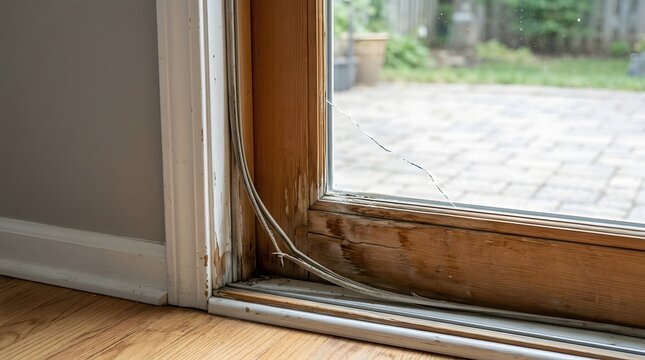 Cracked patio door glass with water damaged wooden frame detail
