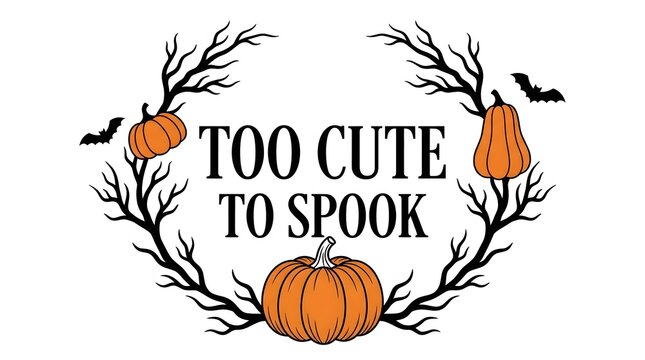 Too cute to spook halloween illustration with pumpkins branches and flying bats
