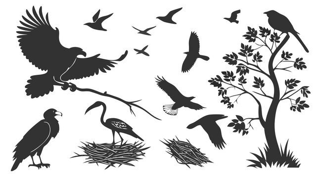 Set of Bird Silhouettes on Branches and Flying Birds Isolated on White Background, Wildlife Nature Vector Illustration Collection with Crow, Seagull and Pigeon Icons