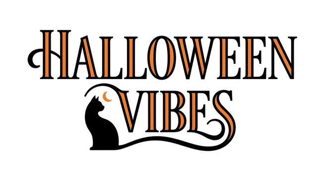 Halloween vibes decorative text with a black cat silhouette and spooky design elements