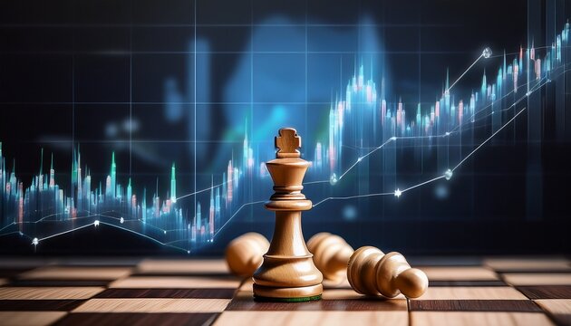 wooden chess king and pawns on a chessboard with glowing candlestick stock chart overlay conveying focused strategy and calculated ambition