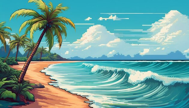 pixel art tropical beach scene with palm trees and turquoise ocean waves serene coastal landscape sunny day vacation and travel
