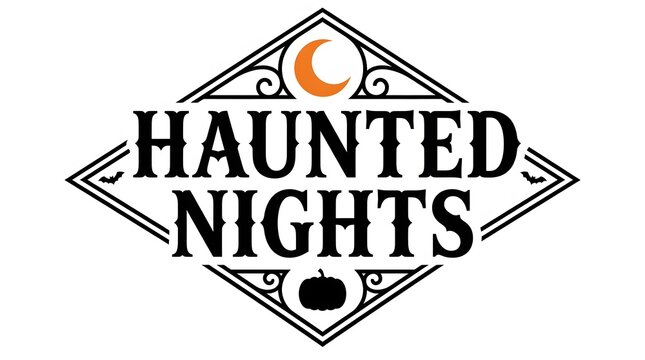 Haunted nights logo with spooky design featuring a moon and pumpkin illustration