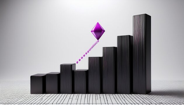 minimal 3d black bar chart on white background with dotted horizontal gridlines and one bar topped by a purple diamond marker conveying emphasis and optimistic growth