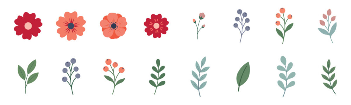 Set of hand drawn floral elements, flowers, berries and leaves