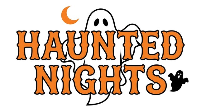 Haunted nights halloween lettering with a ghost moon and bat illustration