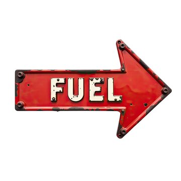 Red sign with arrow pointing to 'fuel' warning, suitable for automotive and transportation contexts