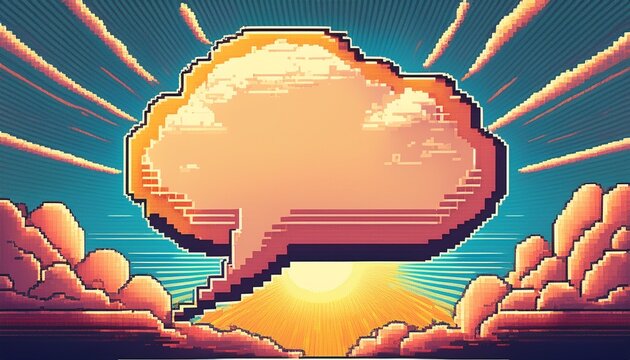 pixel art speech bubble in dramatic sunburst sky with clouds retro comic book style dialogue or idea concept