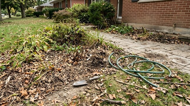 Neglected front walkway garden with hose and dry autumn plants