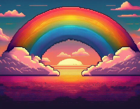 pixel art rainbow arching over fluffy clouds at sunrise vibrant colors dreamlike atmosphere retro gaming aesthetic