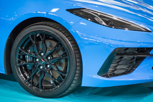Poznan, Poland - April 26, 2025: Poznan Motor Show. Front of Chevrolet Corvette. Detail of vehicle