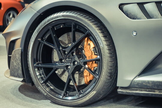 Poznan, Poland - April 26, 2025: Poznan Motor Show. Aluminum wheel of Ferrari. Detail of vehicle