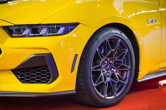 Poznan, Poland - April 26, 2025: Poznan Motor Show. Front of sporty Ford Mustang GT. Detail of vehicle