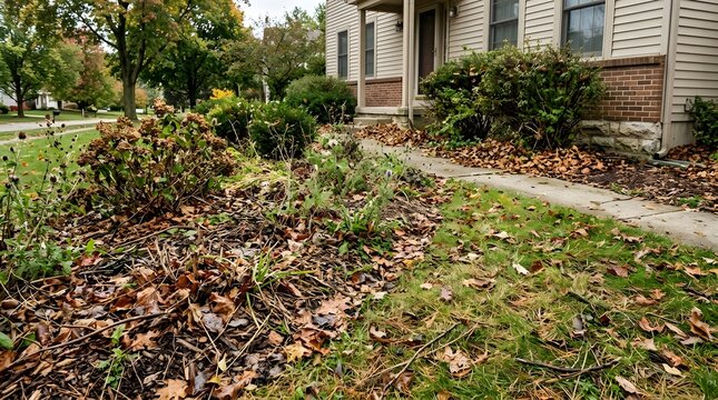 Untidy front garden bed with fallen leaves in autumn season.
