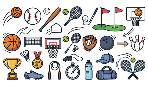 Athletic sports equipment and gym fitness vector line icons set featuring basketball tennis rackets soccer baseball bat and bowling isolated on white