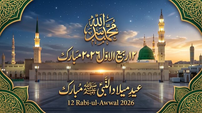 Eid Milad un Nabi 2026 greeting banner, 12 Rabi ul Awwal Islamic celebration background, Prophet Muhammad birthday card with green dome mosque
