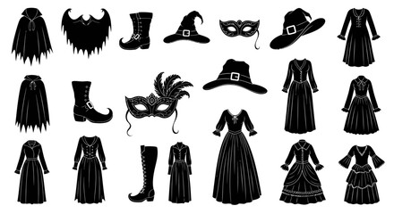 Fototapeta premium Halloween witch costume silhouettes, 20 gothic apparel icons. Spooky masquerade masks and vintage dresses. Black vector clothing set.