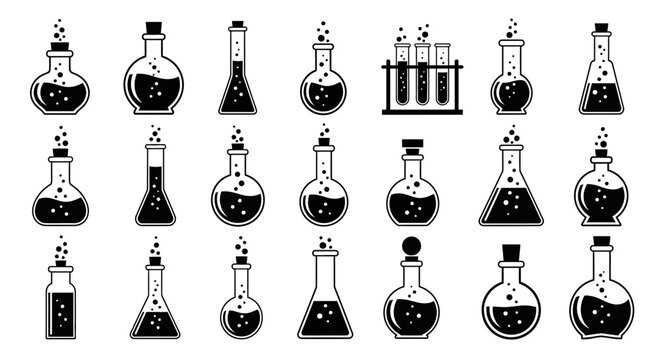 Alchemy potion bottles and magic elixir flasks, 21 laboratory glassware icons, mystical chemical beaker vector set